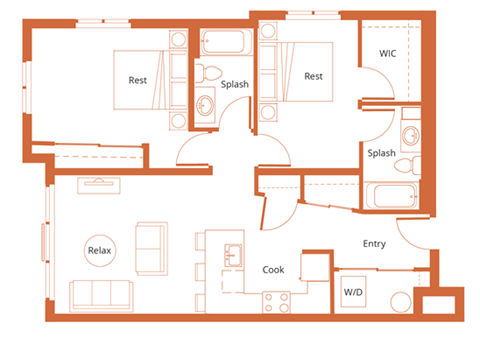 Floor plan for 2 beds, 2 baths, 1028 sqft